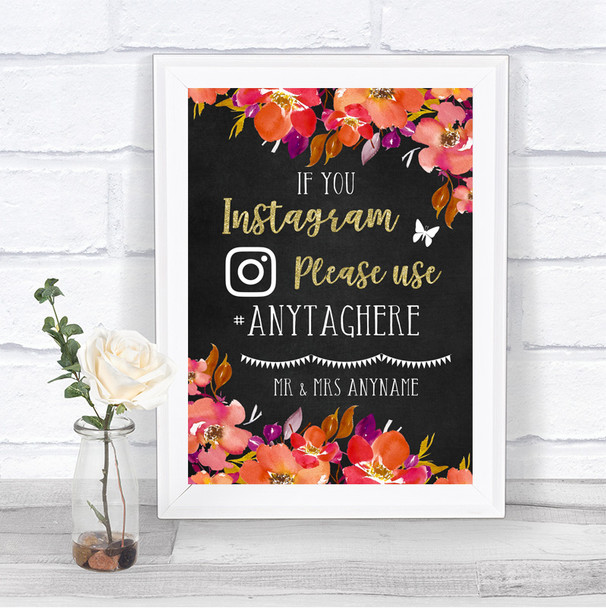 Pink Coral Orange & Purple Instagram Hashtag Personalized Wedding Sign