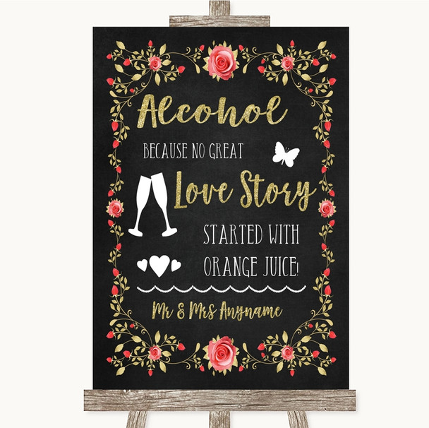 Chalk Style Blush Pink Rose & Gold Alcohol Bar Love Story Wedding Sign