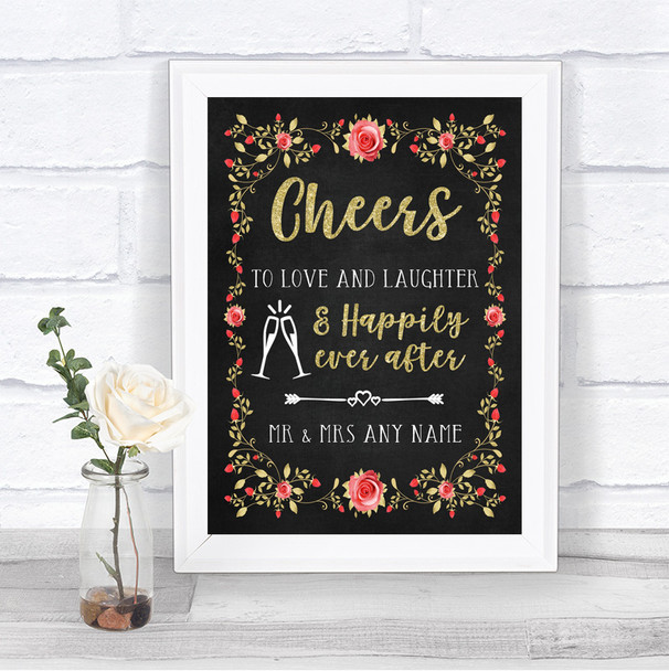 Chalk Style Blush Pink Rose & Gold Cheers To Love Personalized Wedding Sign