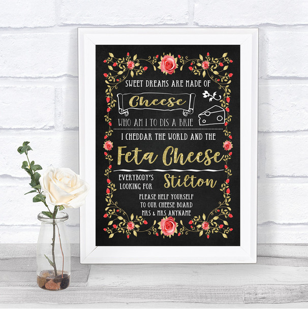 Chalk Style Blush Pink Rose & Gold Cheeseboard Cheese Song Wedding Sign