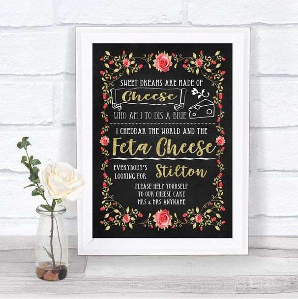 Chalk Style Blush Pink Rose & Gold Cheesecake Cheese Song Wedding Sign