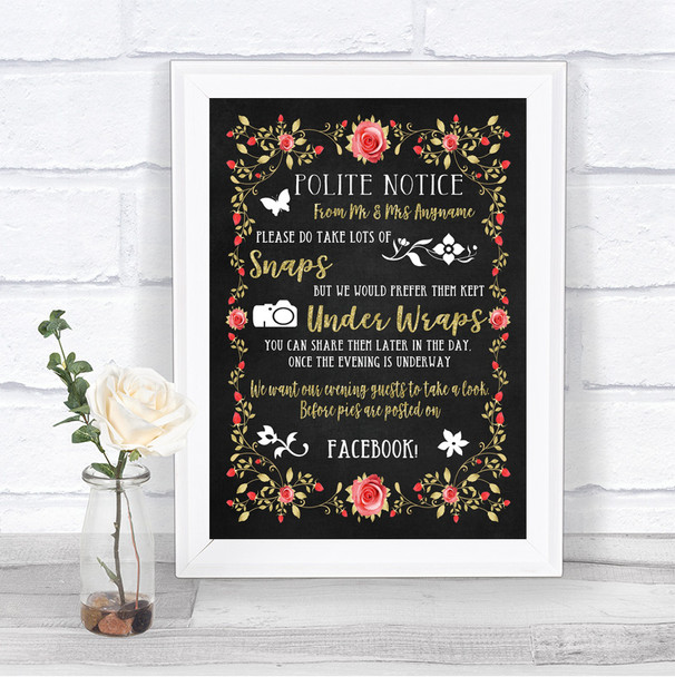 Chalk Style Blush Pink Rose & Gold Don't Post Photos Facebook Wedding Sign