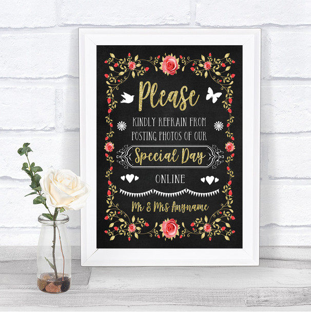 Chalk Blush Pink Rose & Gold Don't Post Photos Online Social Media Wedding Sign