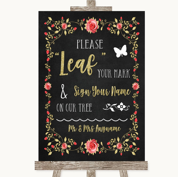 Chalk Style Blush Pink Rose & Gold Fingerprint Tree Instructions Wedding Sign