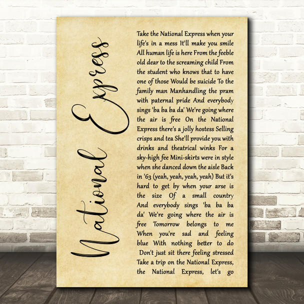 The Divine Comedy National Express Rustic Script Song Lyric Music Art Print