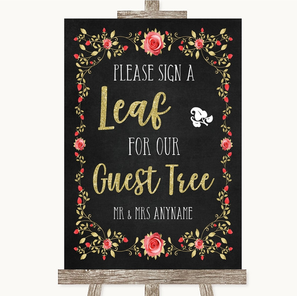 Chalk Style Blush Pink Rose & Gold Guest Tree Leaf Personalized Wedding Sign
