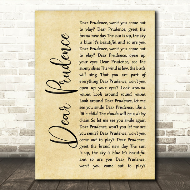 The Beatles Dear Prudence Rustic Script Song Lyric Music Art Print