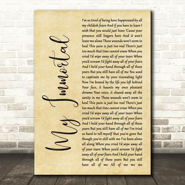 Evanescence My Immortal Rustic Script Song Lyric Music Art Print