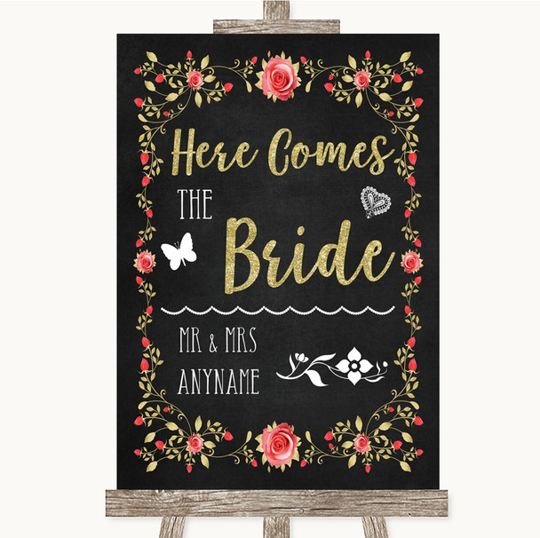 Chalk Style Blush Pink Rose & Gold Here Comes Bride Aisle Wedding Sign