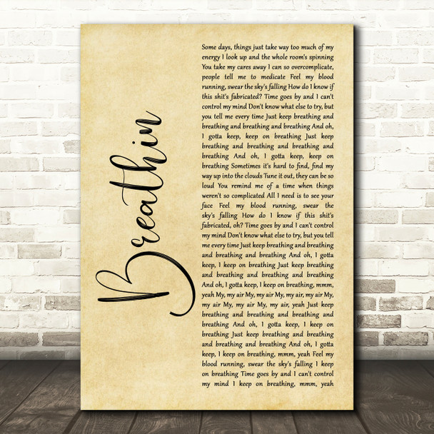 Ariana Grande Breathin Rustic Script Song Lyric Music Art Print