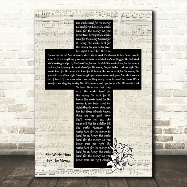 Donna Summer She Works Hard For The Money Music Script Christian Memorial Cross Song Lyric Music Art Print