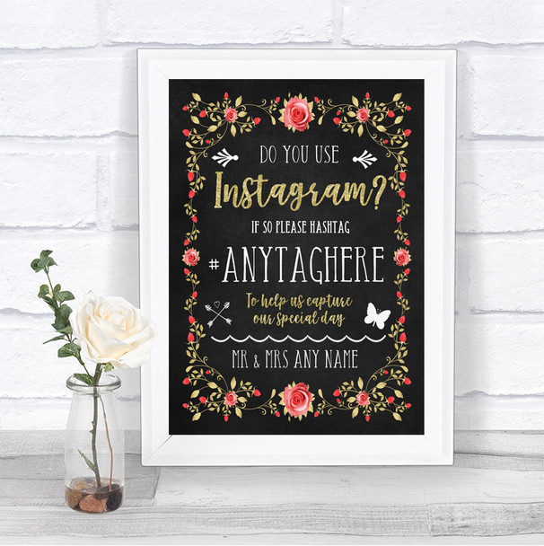 Chalk Style Blush Pink Rose & Gold Instagram Photo Sharing Wedding Sign