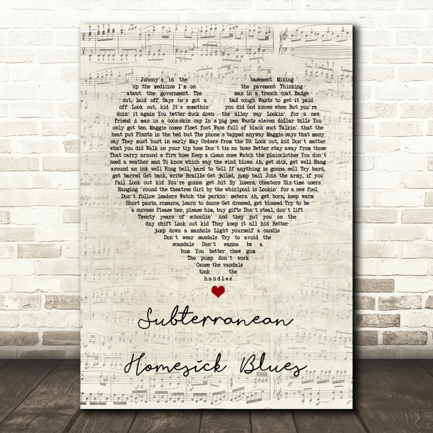 Bob Dylan Subterranean Homesick Blues Script Heart Song Lyric Music Art Print