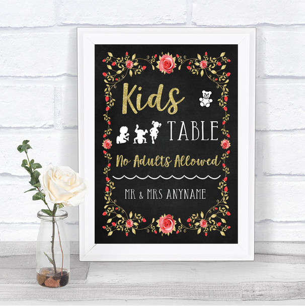 Chalk Style Blush Pink Rose & Gold Kids Table Personalized Wedding Sign