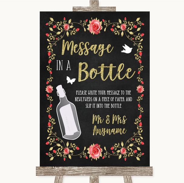Chalk Style Blush Pink Rose & Gold Message In A Bottle Personalized Wedding Sign