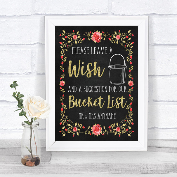Chalk Style Blush Pink Rose & Gold Bucket List Personalized Wedding Sign