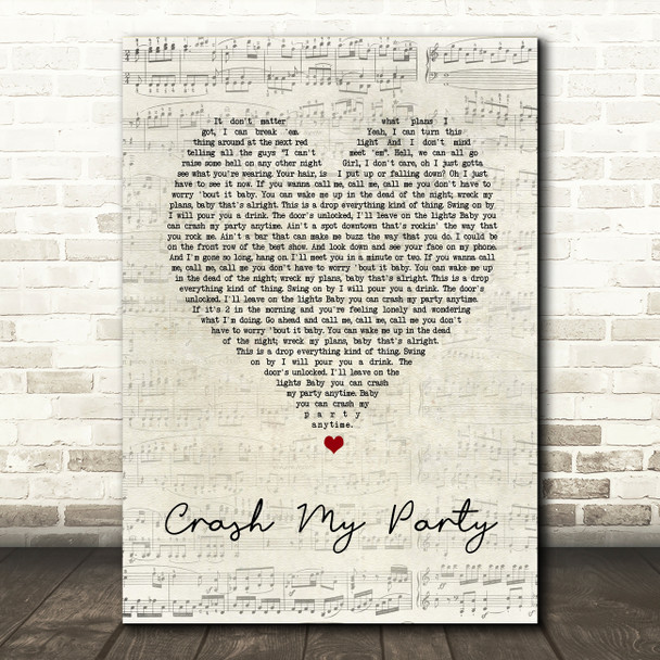 Luke Bryan Crash My Party Script Heart Song Lyric Music Art Print