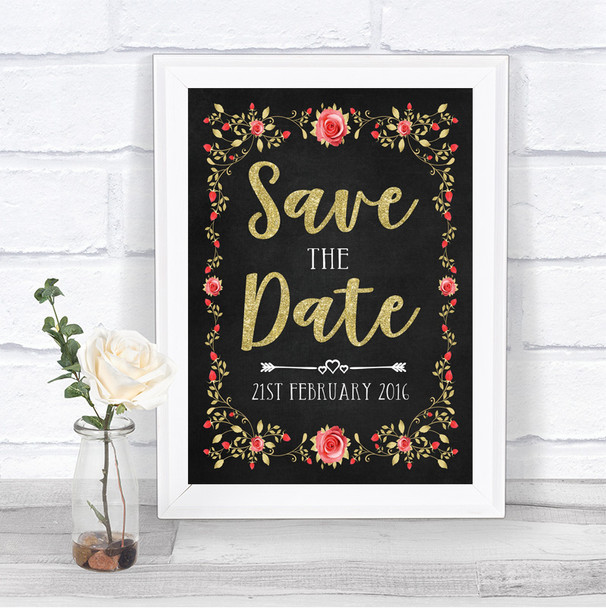 Chalk Style Blush Pink Rose & Gold Save The Date Personalized Wedding Sign