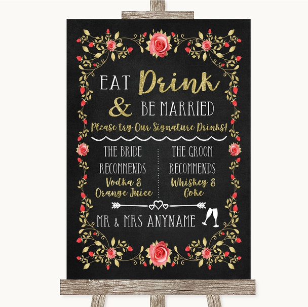 Chalk Style Blush Pink Rose & Gold Signature Favourite Drinks Wedding Sign