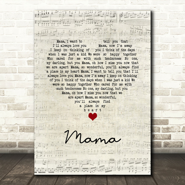 David Whitfield Mama Script Heart Song Lyric Music Art Print