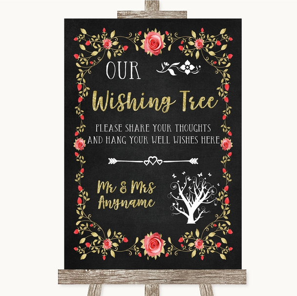 Chalk Style Blush Pink Rose & Gold Wishing Tree Personalized Wedding Sign