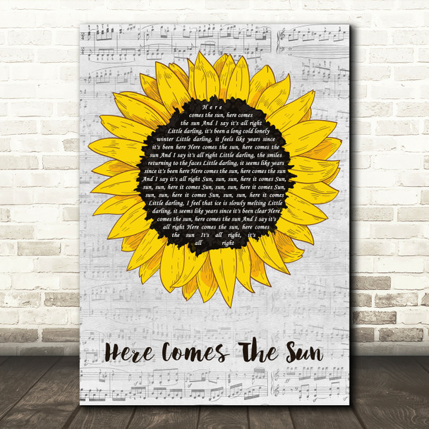The Beatles Here Comes The Sun Grey Script Sunflower Song Lyric Music Art Print