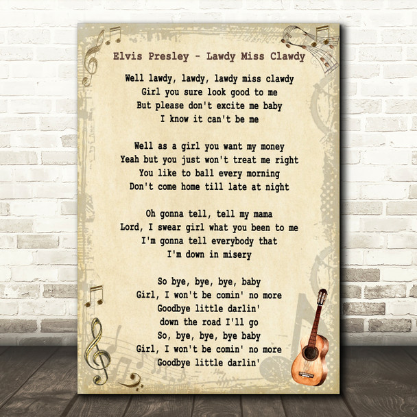 Elvis Presley Lawdy Miss Clawdy Vintage Guitar Song Lyric Music Art Print