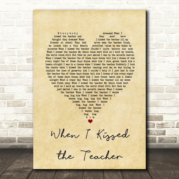 ABBA When I Kissed the Teacher Vintage Heart Song Lyric Music Art Print