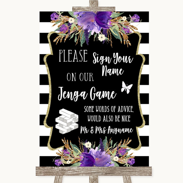 Black & White Stripes Purple Jenga Guest Book Personalized Wedding Sign