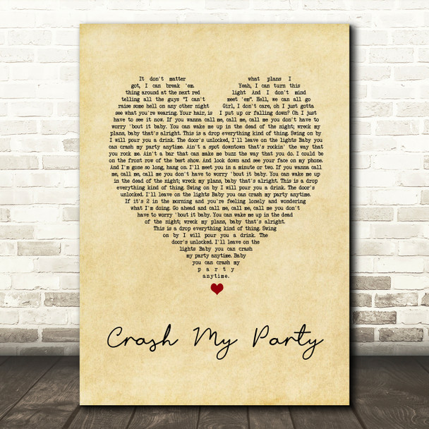 Luke Bryan Crash My Party Vintage Heart Song Lyric Music Art Print