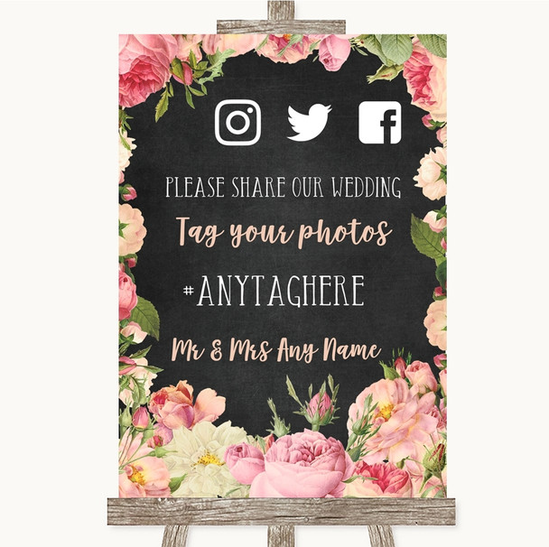 Chalkboard Style Pink Roses Social Media Hashtag Photos Wedding Sign