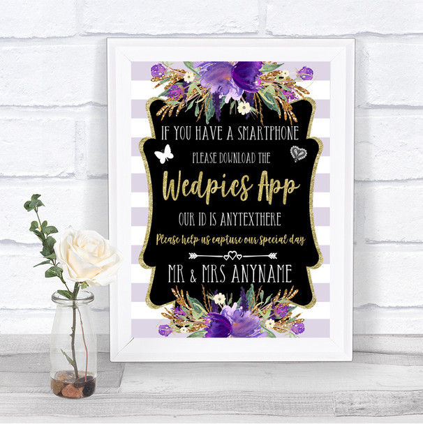 Gold & Purple Stripes Wedpics App Photos Personalized Wedding Sign