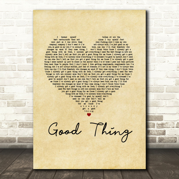 Zedd & Kehlani Good Thing Vintage Heart Song Lyric Music Art Print