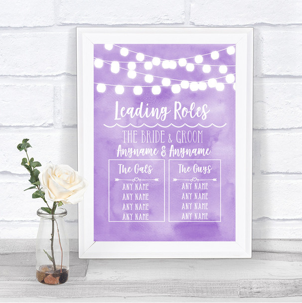 Lilac Watercolour Lights Who's Who Leading Roles Personalized Wedding Sign