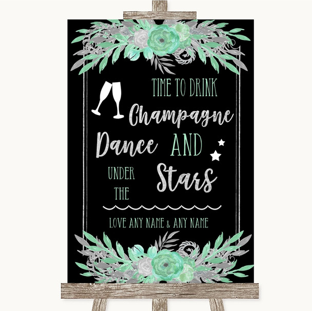 Black Mint Green & Silver Drink Champagne Dance Stars Personalized Wedding Sign