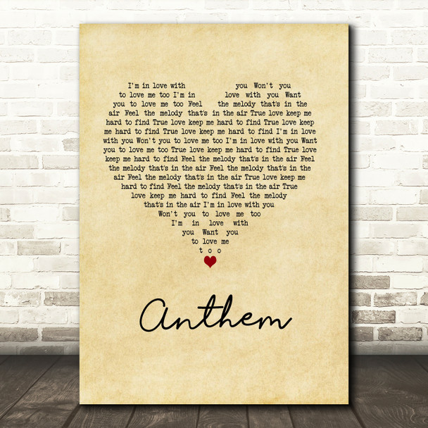 N joi Anthem Vintage Heart Song Lyric Music Art Print