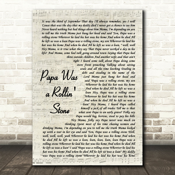 The Temptations Papa Was a Rollin' Stone Vintage Script Song Lyric Music Art Print