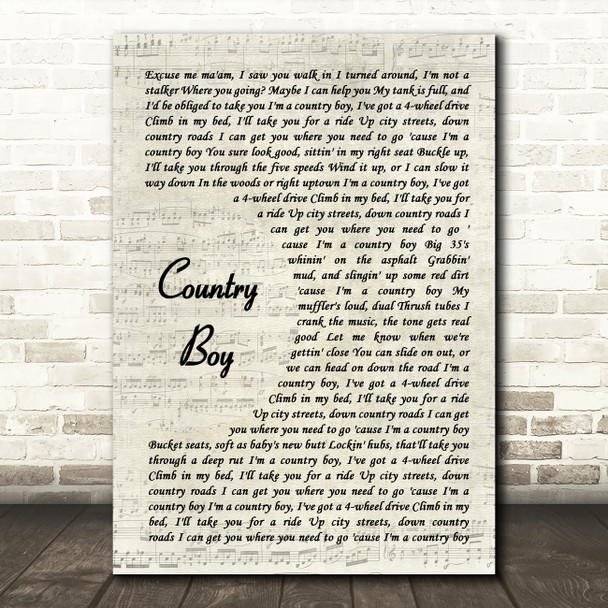 Alan Jackson Country Boy Vintage Script Song Lyric Music Art Print