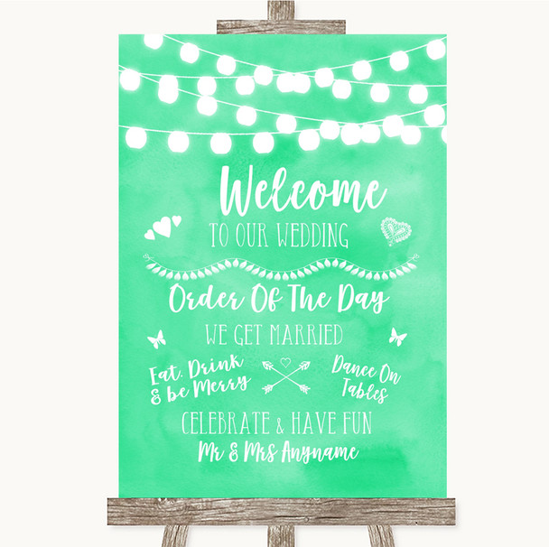 Mint Green Watercolour Lights Welcome Order Of The Day Personalized Wedding Sign