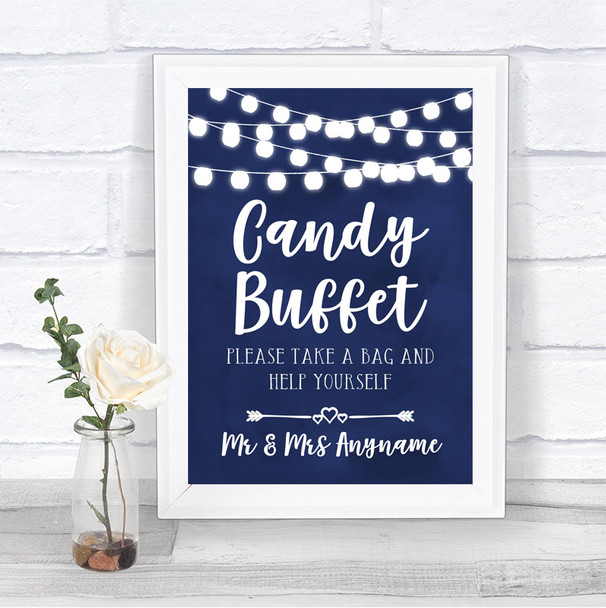 Navy Blue Watercolour Lights Candy Buffet Personalized Wedding Sign