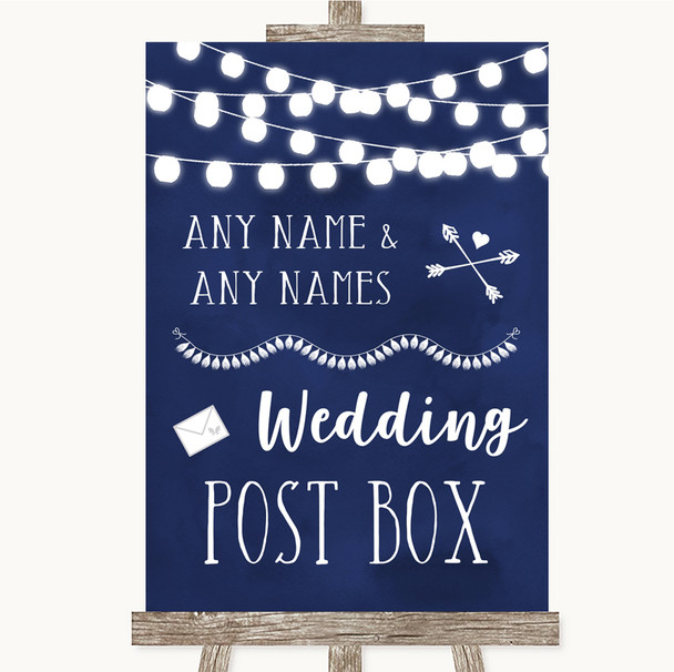Navy Blue Watercolour Lights Card Post Box Personalized Wedding Sign