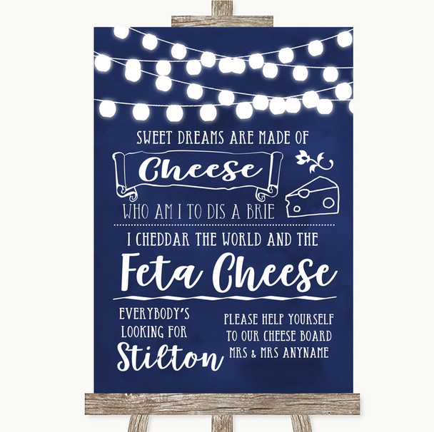 Navy Blue Watercolour Lights Cheeseboard Cheese Song Personalized Wedding Sign