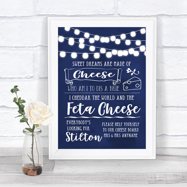 Navy Blue Watercolour Lights Cheeseboard Cheese Song Personalized Wedding Sign