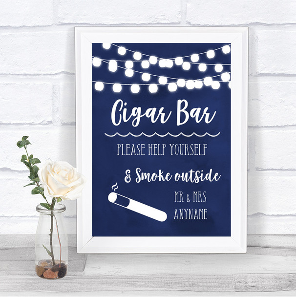 Navy Blue Watercolour Lights Cigar Bar Personalized Wedding Sign