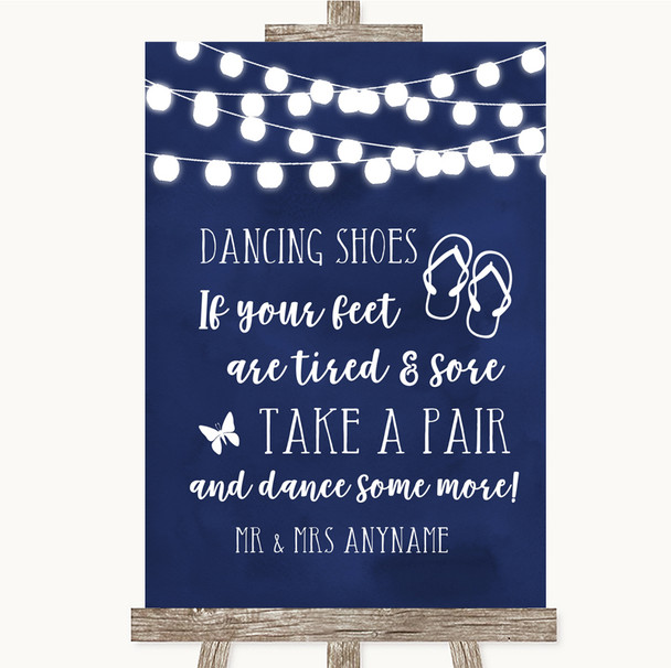 Navy Blue Watercolour Lights Dancing Shoes Flip Flops Personalized Wedding Sign