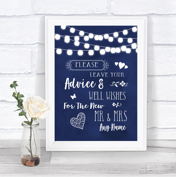 Navy Blue Watercolour Lights Guestbook Advice & Wishes Mr & Mrs Wedding Sign