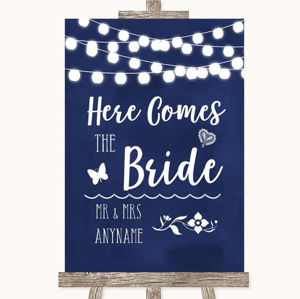 Navy Blue Watercolour Lights Here Comes Bride Aisle Personalized Wedding Sign