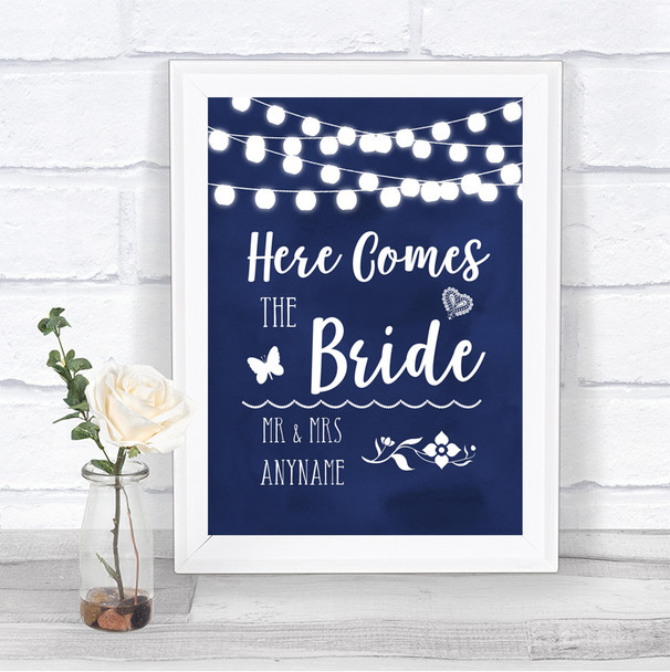 Navy Blue Watercolour Lights Here Comes Bride Aisle Personalized Wedding Sign