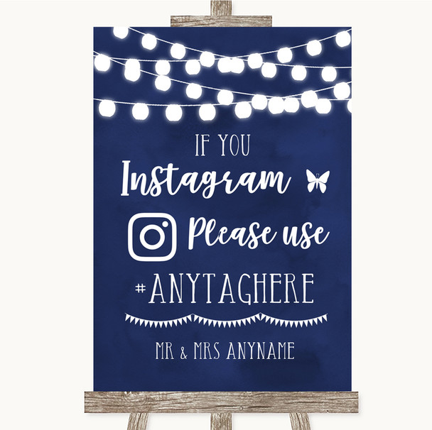 Navy Blue Watercolour Lights Instagram Hashtag Personalized Wedding Sign