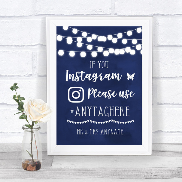 Navy Blue Watercolour Lights Instagram Hashtag Personalized Wedding Sign